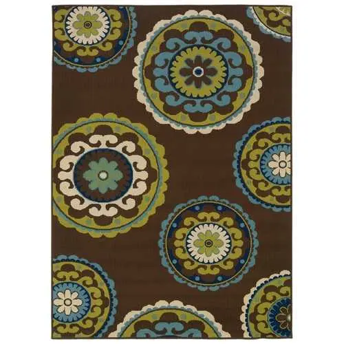 Large Indoor/Outdoor Area Rug – 7'10" X 10'10" Geometric Pattern In Brown, Teal, Green & Yellow 1