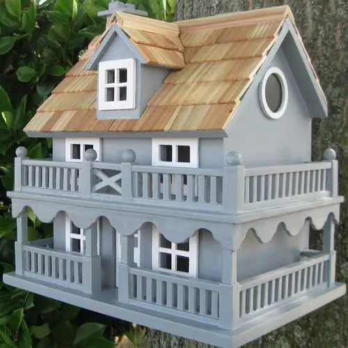 Light Blue Wooden Cottage-Style Birdhouse With Removable Back Panel 1