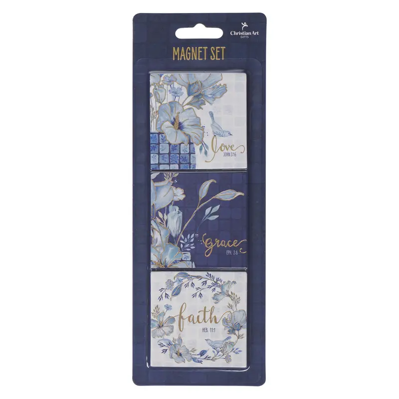 Love, Grace, Faith – Blue Floral Three-Piece Magnetic Decor Set 1