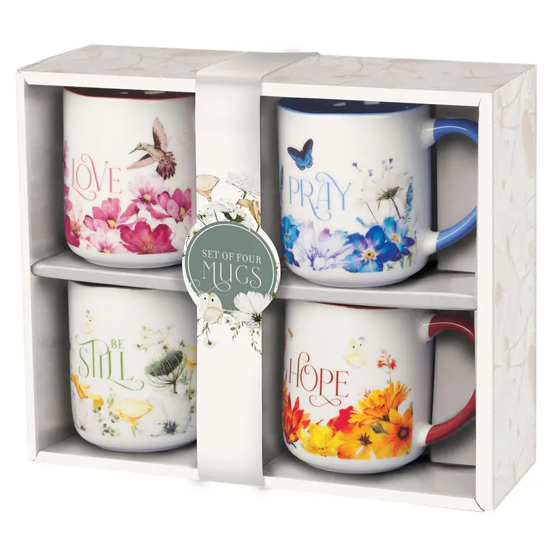 'Love, Hope, Pray, Be Still' Ceramic Mug Set (4-Piece) 1