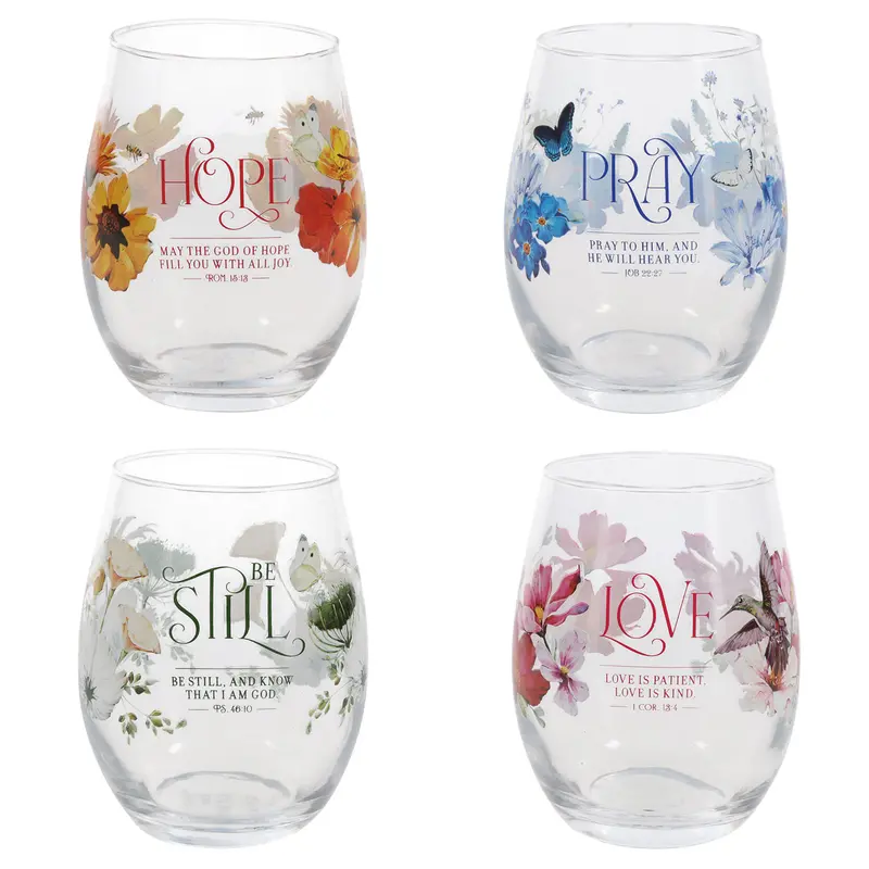 'Love, Hope, Pray, Be Still' Glass Drinkware Set (4-Piece) 1