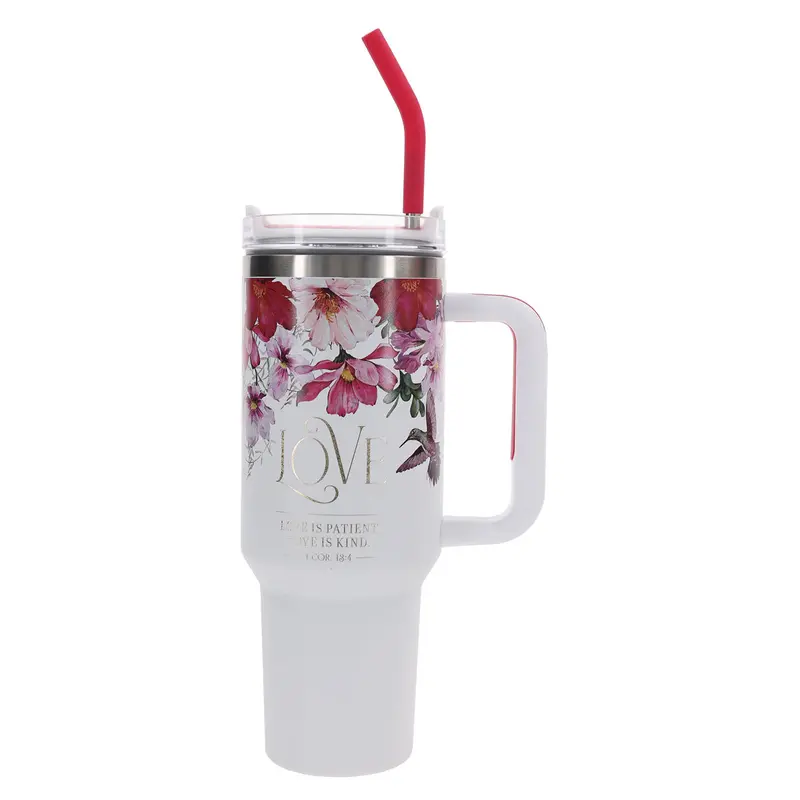 'Love Is Patient, Love Is Kind' Stainless Steel Mug With Handle & Reusable Straw 1