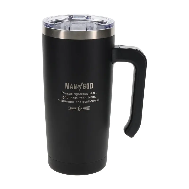 'Man Of God' Black Stainless Steel Travel Mug – Handle Design For On-The-Go Inspiration 1