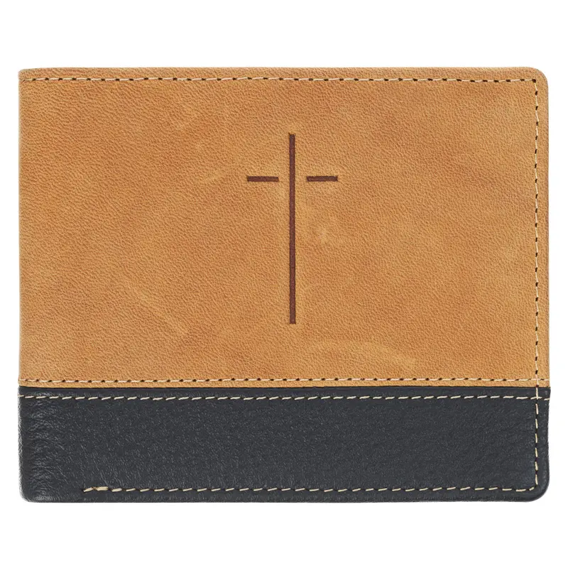 'Man Of God' Two-Tone Genuine Leather Wallet – Tan & Brown Cross Design 1