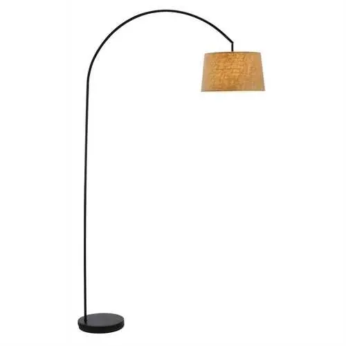Matte Black Arch Floor Lamp With Taupe Burlap Drum Shade 1