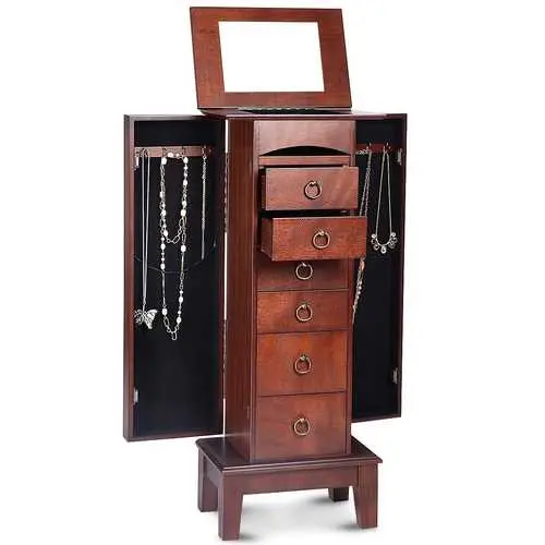 Medium Brown Wooden Jewelry Armoire – Full-Length Mirror & Organized Storage 1