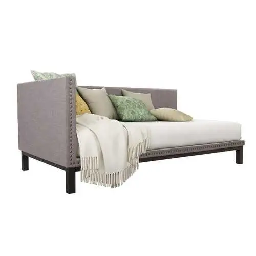 Mid-Century Modern Grey Linen Upholstered Daybed 1