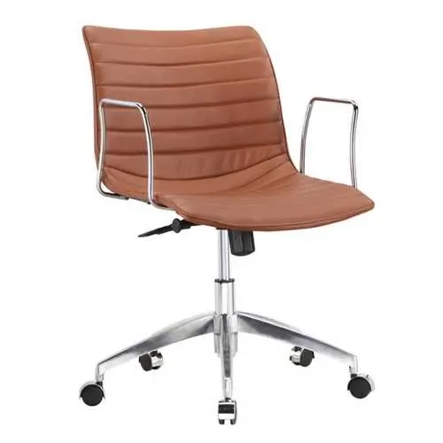 Mid-Century Office Chair – Light Brown Faux Leather Swivel Task Chair With Armrests 1