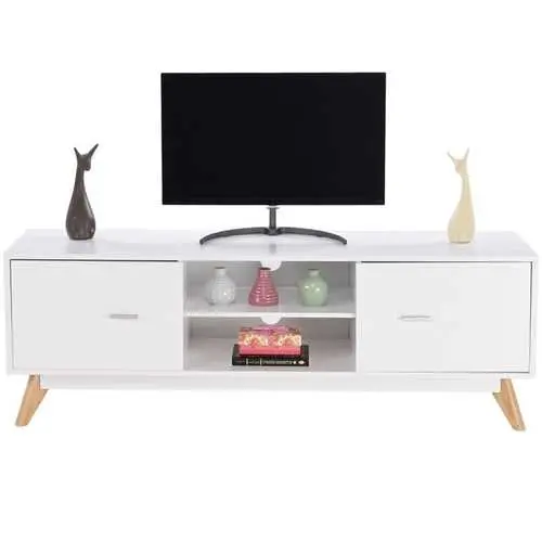 Mid-Century White Tv Stand Featuring Natural Wood Legs 1
