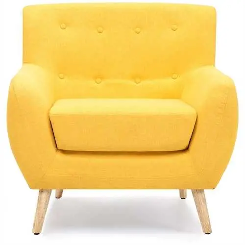 Mid-Century Yellow Linen Armchair With Solid Wood Legs 1