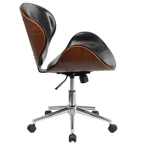 Mid-Height Office Chair In Walnut And Black Faux Leather With Bentwood Seat 1