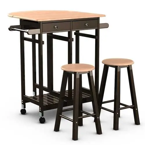 Mobile Breakfast Island Cart – Kitchen Workstation With 2 Foldable Stools 1