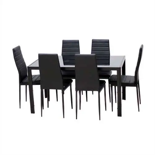 Modern 7-Piece Dining Set — Black Glass-Top Table + Six Matching Chairs 1