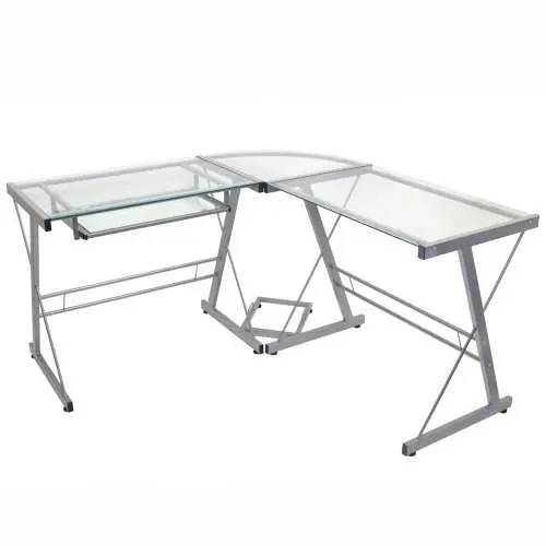 Modern L-Shaped Computer Desk – Sleek Metal Frame With Tempered Glass Top 1