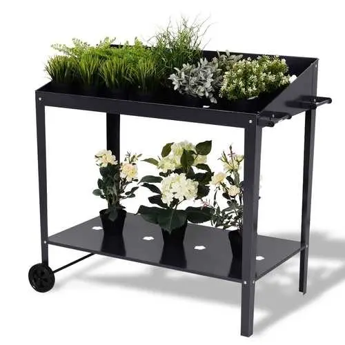 Modern Raised Planter Stand – Black Steel Rolling Cart For Indoor Or Outdoor Plants 1
