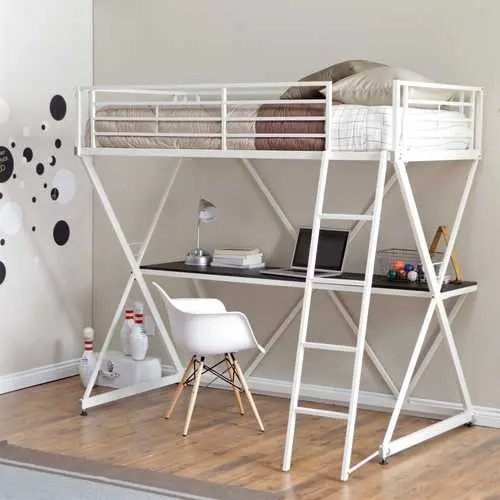 Modern White Metal Twin Loft Bunk Bed With Integrated Desk 1