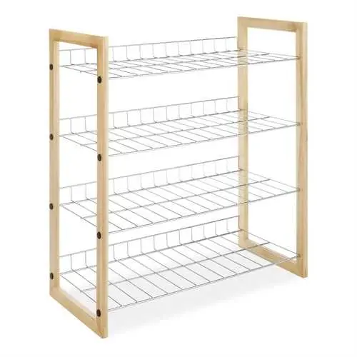 Natural Wood & Chrome Shoe Rack – 4-Tier Closet Organizer With Wire Shelves 1