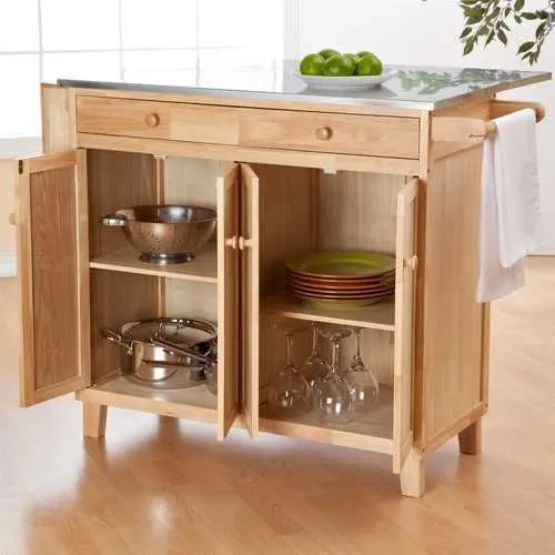 Natural Wood-Finish Kitchen Island With Stainless Steel Countertop 1