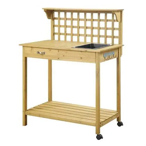 Natural Wood Potting Bench – Rolling Workstation With Trellis Shelving & Sink Cutout 1