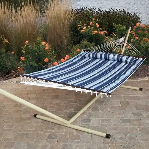 Navy And Beige Striped 13-Foot Hammock With Bronze Stand 1