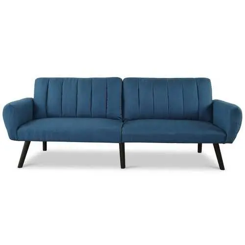 Navy Blue Linen Mid-Century Futon Sofa Bed – Full Convertible Couch 1