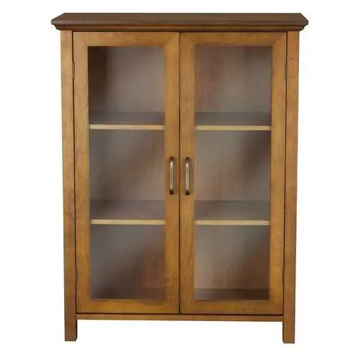 Oak-Finish Bathroom Floor Cabinet With Dual Glass Doors & Adjustable Shelves 1