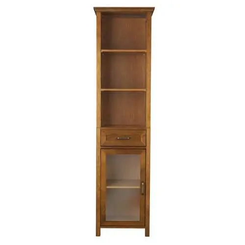 Oak-Finish Bathroom Linen Tower With Open Shelving 1