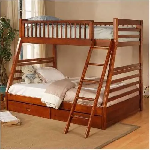 Oak-Finish Twin-Over-Full Bunk Bed With Built-In Storage Drawers 1