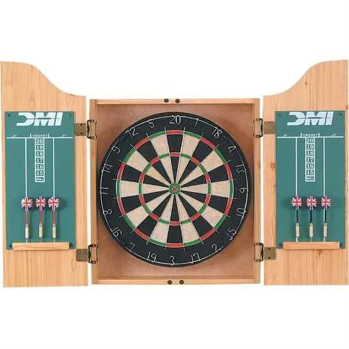 Oak-Finished Sisal Dartboard Cabinet With Darts And Chalkboard Panel 1
