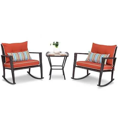 Outdoor Rattan Rocking Chair Set (3-Piece) With Red Cushions 1