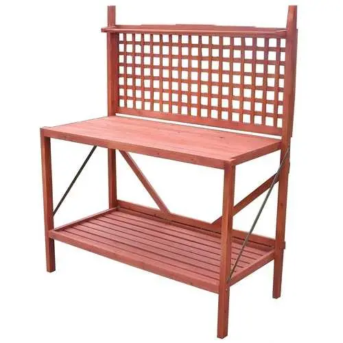 Outdoor Wooden Folding Potting Bench With Integrated Trellis & Storage 1