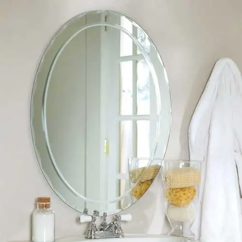 Oval Beveled Edge Bathroom Mirror With Scallop Border – Frameless Wall Vanity Mirror 1