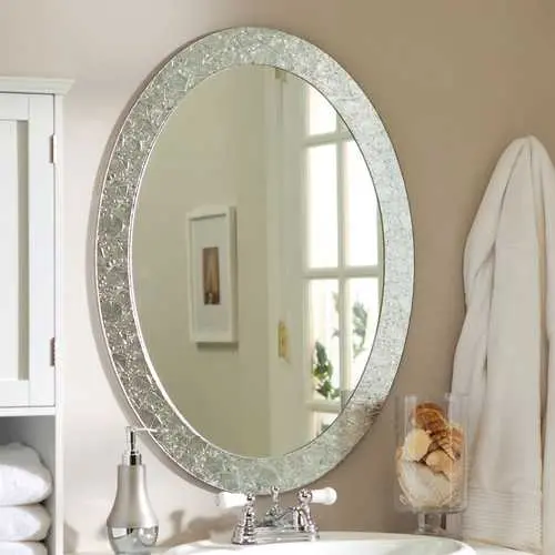 Oval Frameless Bathroom Mirror – Wall-Mounted Vanity Mirror With Crystal-Embossed Border 1