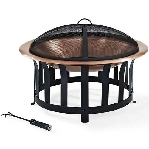 Oversized Copper Bowl Fire Pit With Black Steel Frame, Poker, And Spark Screen 1