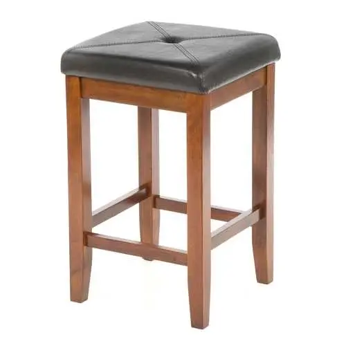 Pair Of 24-Inch Cherry-Finished Bar Stools With Faux Leather Cushioned Seats 1