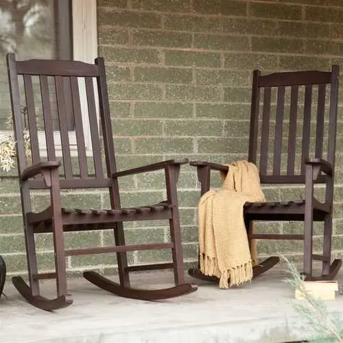 Pair Of All-Weather Brown Slat Rocking Chairs For Patio Or Porch 1