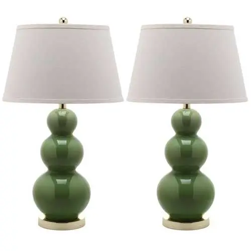 Pair Of Fern Green Ceramic Table Lamps With White Cotton Shades 1