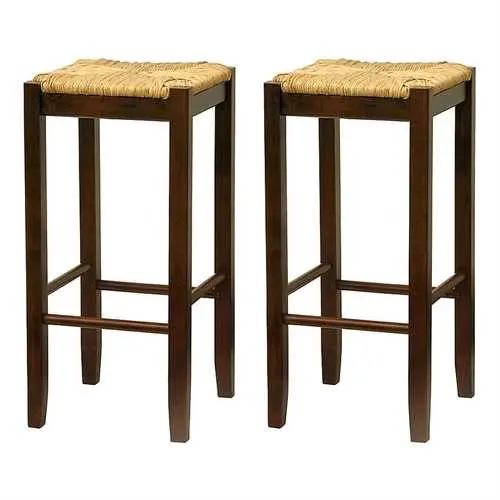 Pair Of Solid Walnut Bar Stools With Natural Rush Seat Weaving 1