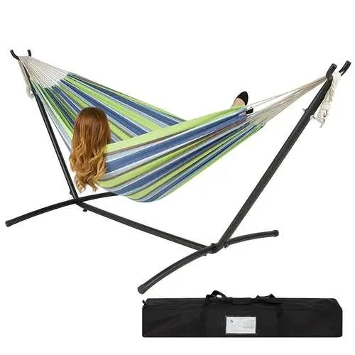 Portable Blue-Green Striped Cotton Hammock With Steel Stand & Carry Bag 1