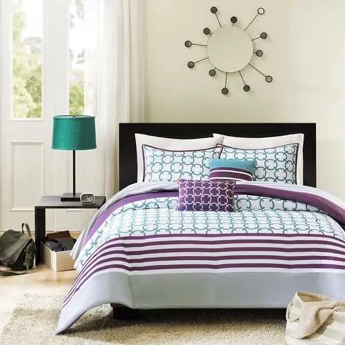 Purple, White & Teal Comforter Set – Full/Queen, 5-Piece Geometric Design 1