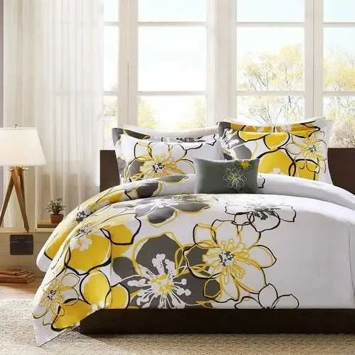 Queen 4-Piece Floral Comforter Set In Soft Yellow And Slate Grey 1