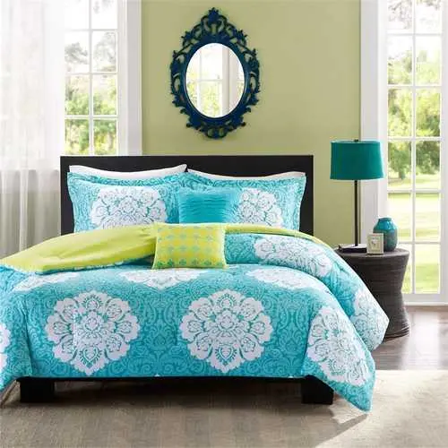 Queen 5-Piece Comforter Set – Teal, Blue & White Damask Front, Sage Green Reverse 1