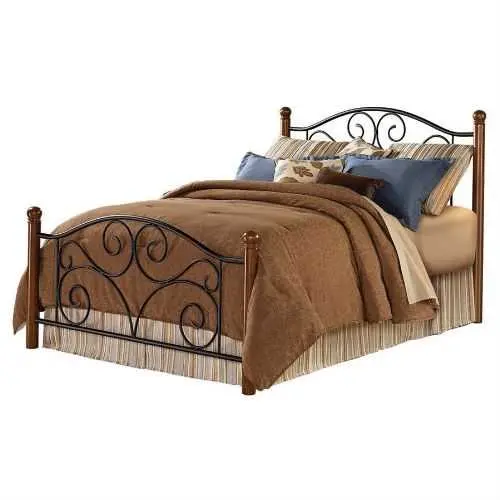 Queen Metal Bed Frame – Black Steel With Natural Wood Headboard & Footboard 1