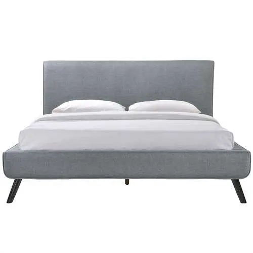Queen Mid-Century Platform Bed With Gray Upholstered Headboard 1
