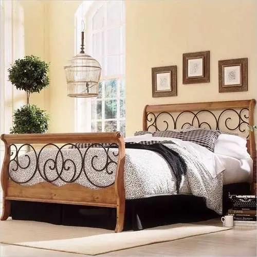 Queen Sleigh Bed Combining Metal Frame And Autumn Brown Honey Oak Wood Accents 1