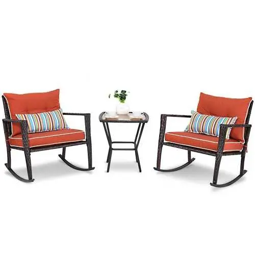 Red Rattan Patio Rocking Chair Set With Matching Coffee Table 1