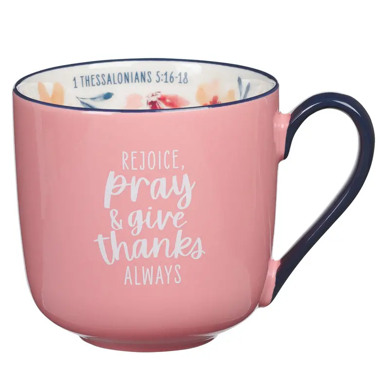 Rejoice, Pray, Give Thanks Mug – Pink Ceramic Faithware 1