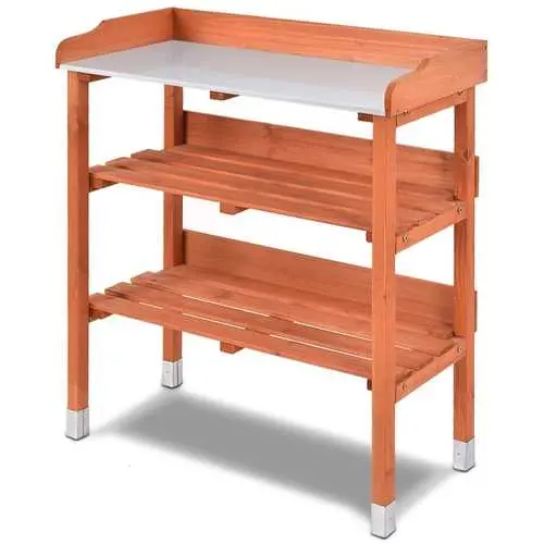 Rustic Garden Potting Bench – Wooden Base With Durable Metal Worktop & Storage Shelf 1