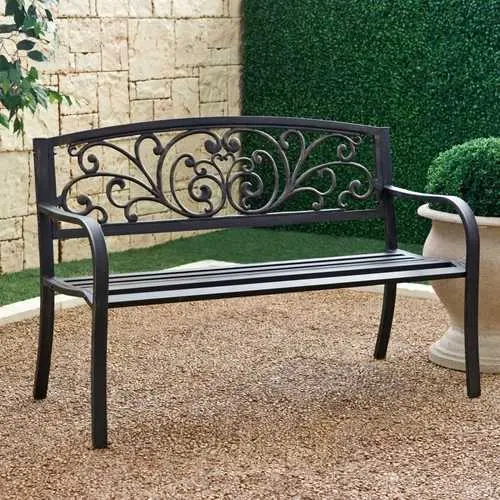 Rustic Slatted Garden Bench With Weathered Metal Finish 1