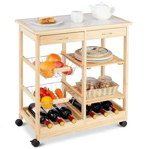 Rustic Wooden Kitchen Island Cart With Drawers, Wine Rack, And Casters 1